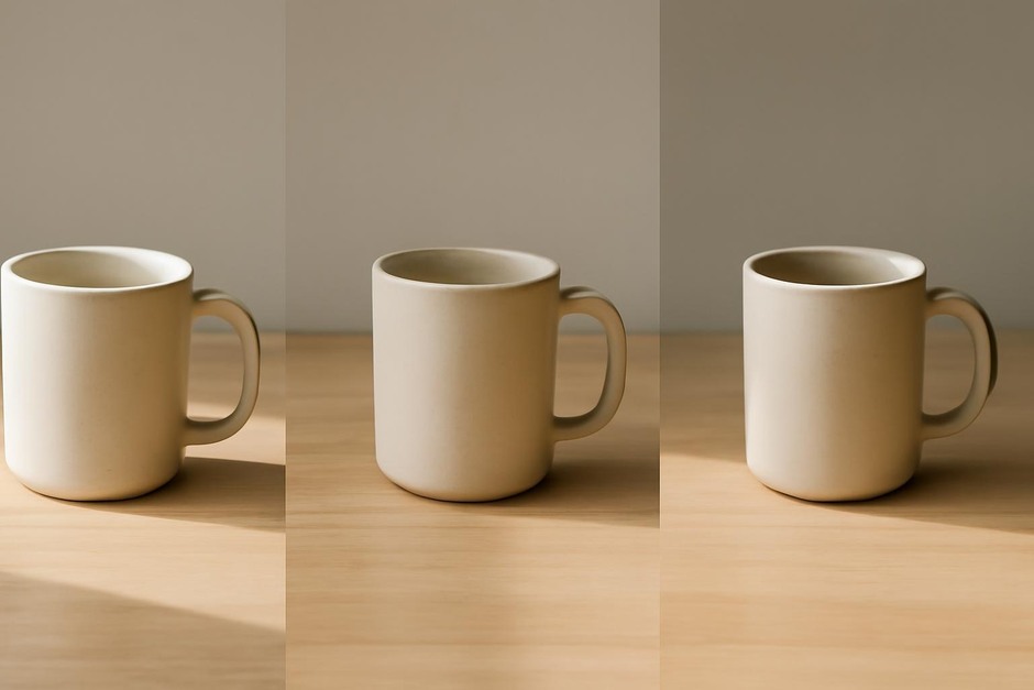 A sequence of three daytime photos showing the same mug under different lighting directions