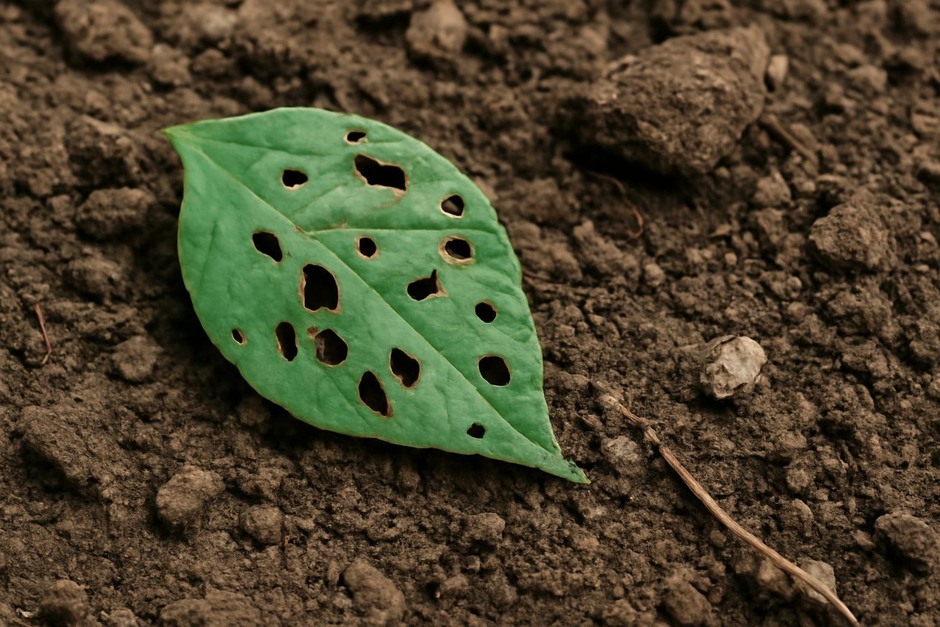 Close-up of a leaf with insect chews and soil textures nearby