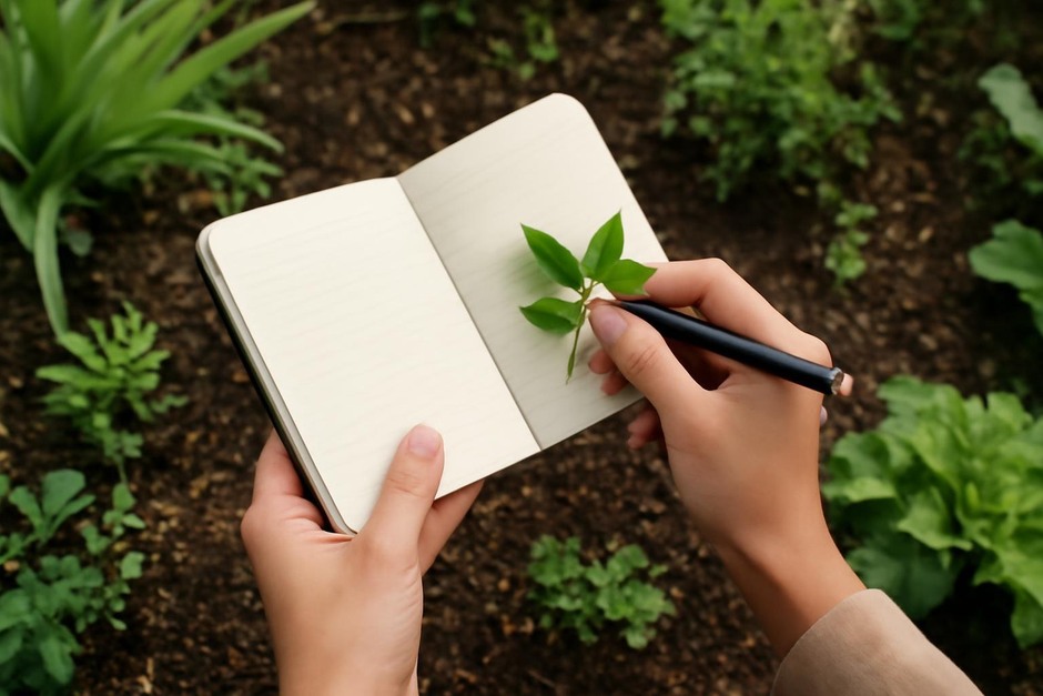 Hands holding a small notebook open over a garden bed, with a pen and a sprig of leaves